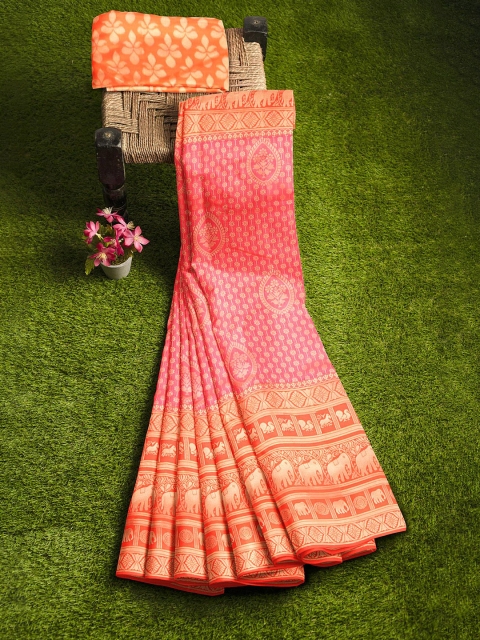 

KLM Fashion Mall Pink & Orange Ethnic Motifs Silk Blend Banarasi Saree