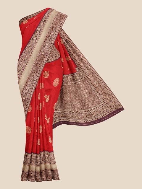

KLM Fashion Mall Red & Burgundy Ethnic Motifs Silk Blend Banarasi Saree