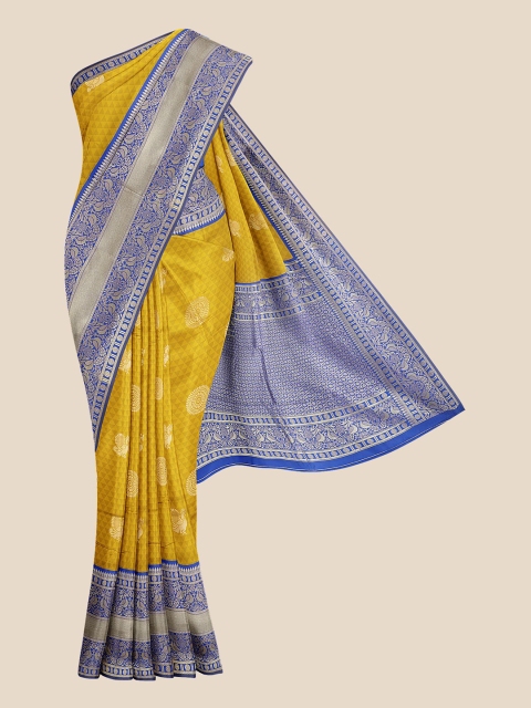 

KLM Fashion Mall Mustard Yellow & Blue Ethnic Motifs Silk Blend Banarasi Saree