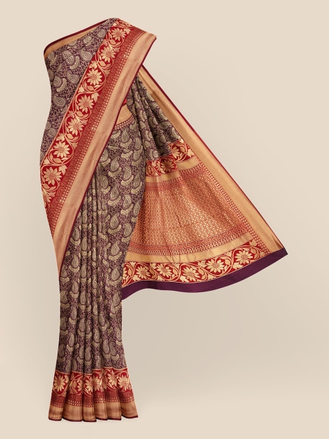 

KLM Fashion Mall Purple & Red Paisley Silk Blend Banarasi Saree
