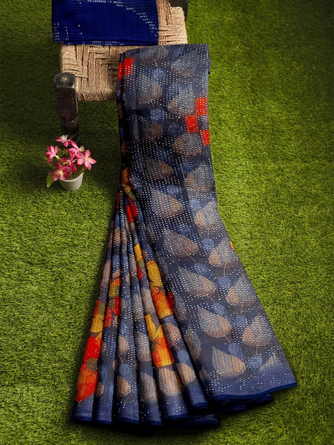 

KLM Fashion Mall Blue & Red Floral Sequinned Silk Blend Saree