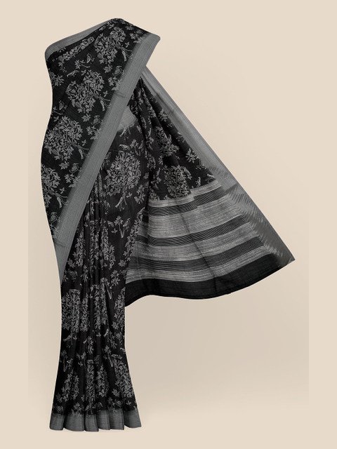 

KLM Fashion Mall Black & Grey Floral Linen Blend Banarasi Saree