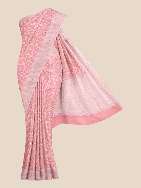 

KLM Fashion Mall Pink & White Floral Mirror Work Pure Silk Banarasi Saree