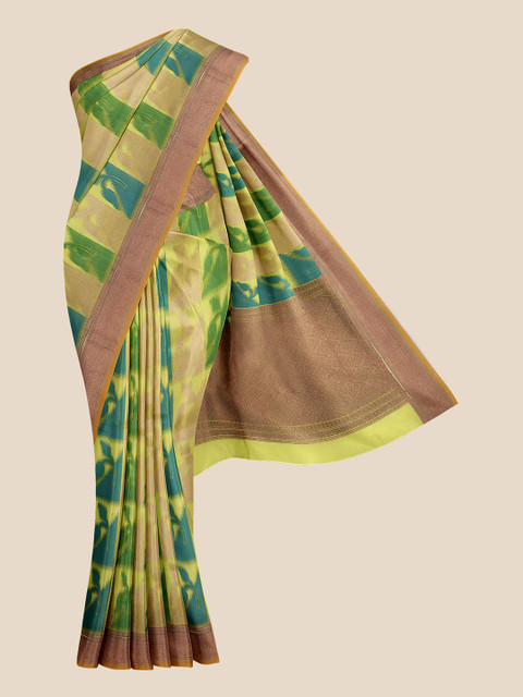

KLM Fashion Mall Green & Blue Floral Silk Blend Banarasi Saree