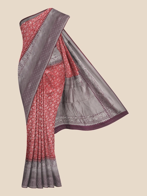 

KLM Fashion Mall Red & Burgundy Floral Silk Blend Banarasi Saree