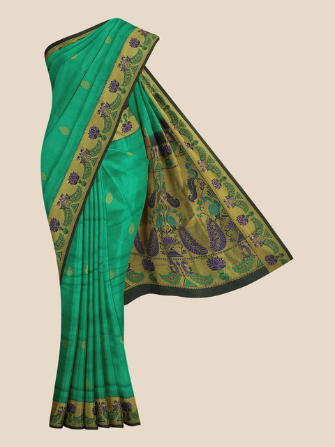 

KLM Fashion Mall Green & Blue Ethnic Motifs Silk Blend Banarasi Saree