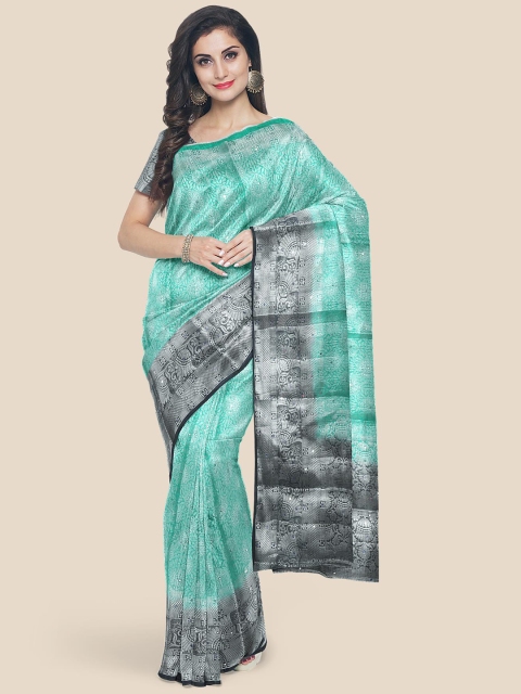 

KLM Fashion Mall Sea Green & Black Floral Zari Banarasi Saree