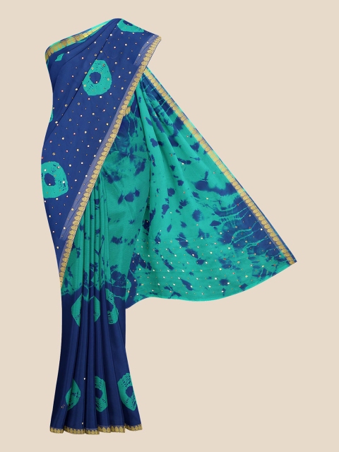 

KLM Fashion Mall Green & Blue Bandhani Mirror Work Silk Blend Banarasi Saree