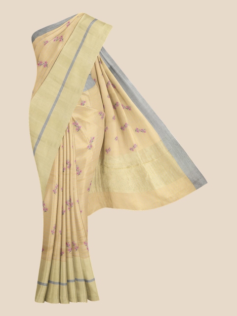 

KLM Fashion Mall Cream-Coloured & Grey Floral Embroidered Banarasi Saree
