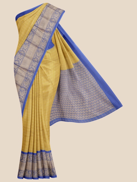 

KLM Fashion Mall Gold-Coloured & Blue Checked Zari Pure Silk Uppada Saree