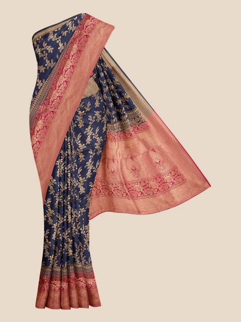 

KLM Fashion Mall Blue & Red Floral Zari Silk Blend Banarasi Saree