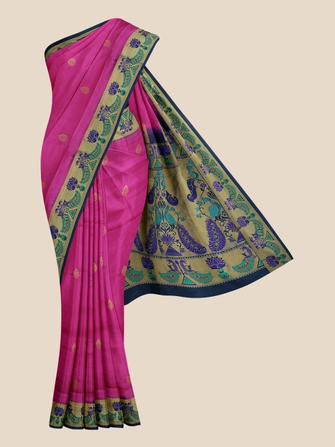 

KLM Fashion Mall Pink & Blue Ethnic Motifs Zari Silk Blend Banarasi Saree