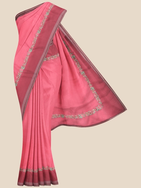 

KLM Fashion Mall Pink & Maroon Embroidered Silk Blend Saree