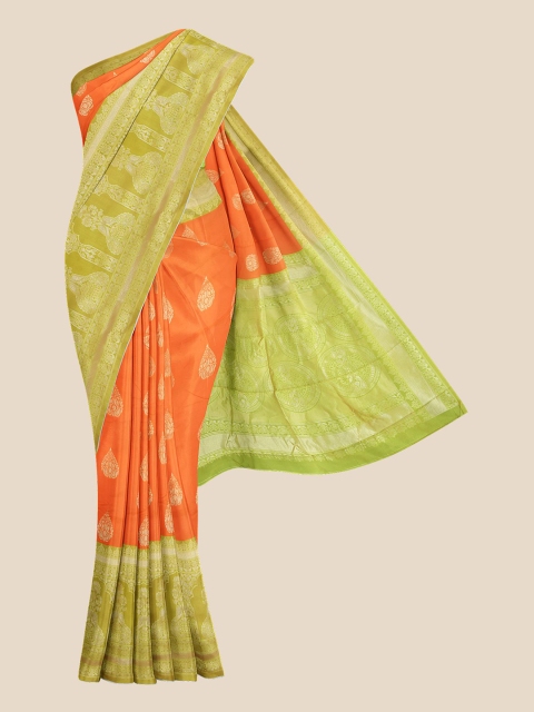 

KLM Fashion Mall Orange & Green Ethnic Motifs Silk Blend Banarasi Saree