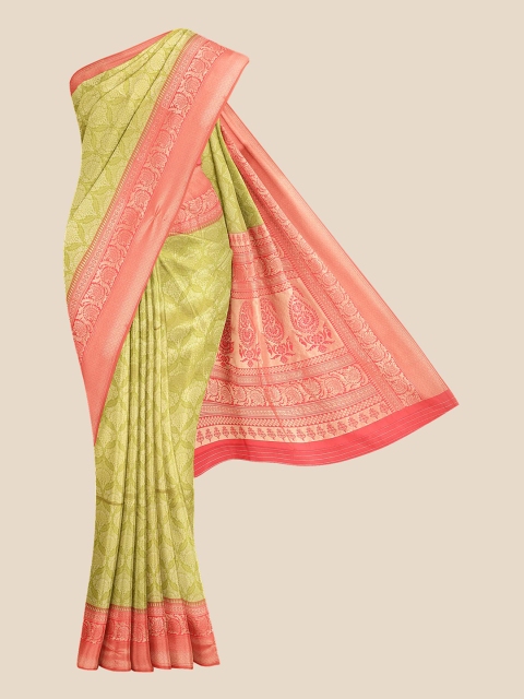 

KLM Fashion Mall Green & Coral Red Floral Silk Blend Banarasi Saree