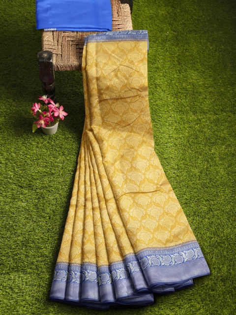 

KLM Fashion Mall Mustard Yellow & Blue Floral Silk Blend Banarasi Saree