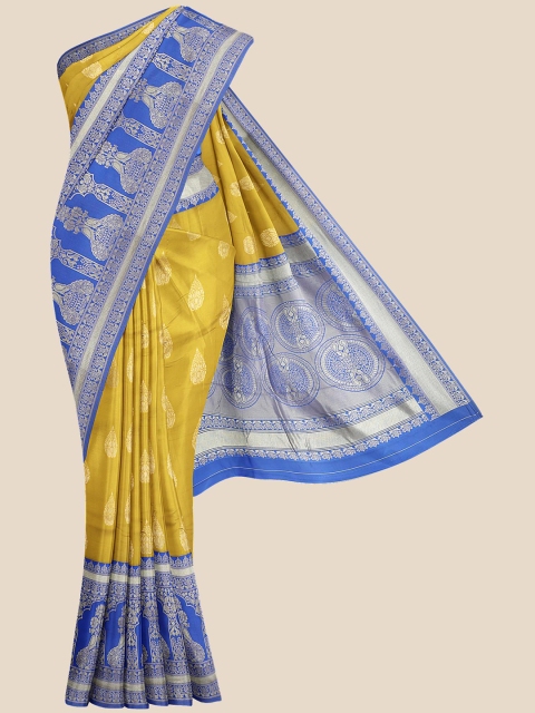 

KLM Fashion Mall Mustard Yellow & Blue Ethnic Motifs Silk Blend Heavy Work Banarasi Saree