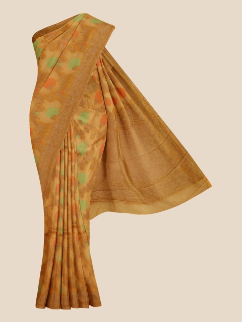 

KLM Fashion Mall Orange & Green Floral Silk Blend Banarasi Saree