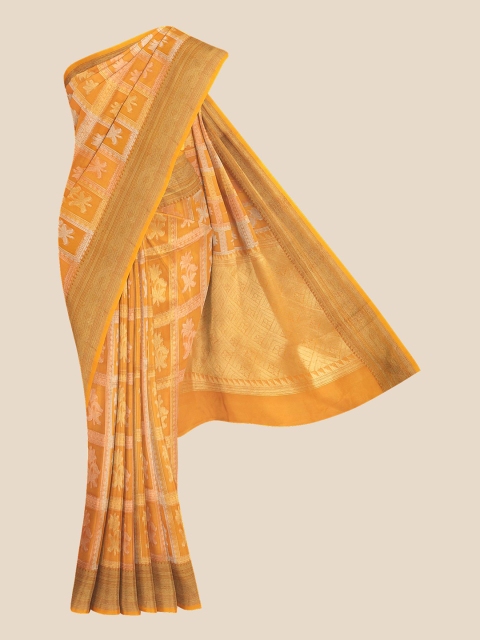 

KLM Fashion Mall Orange & White Checked Silk Blend Banarasi Saree