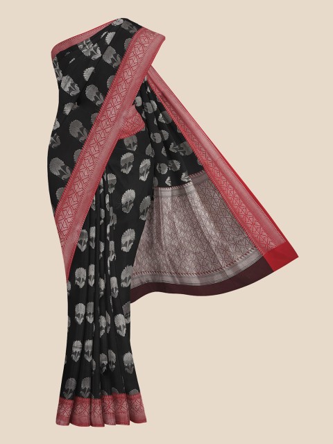 

KLM Fashion Mall Black & Red Floral Silk Blend Banarasi Saree