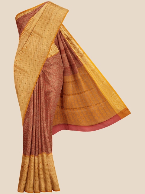 

KLM Fashion Mall Red & Mustard Yellow Floral Pure Silk Heavy Work Banarasi Saree