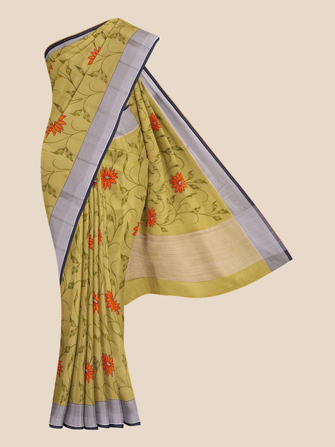 

KLM Fashion Mall Gold-Coloured & Green Floral Silk Blend Banarasi Saree