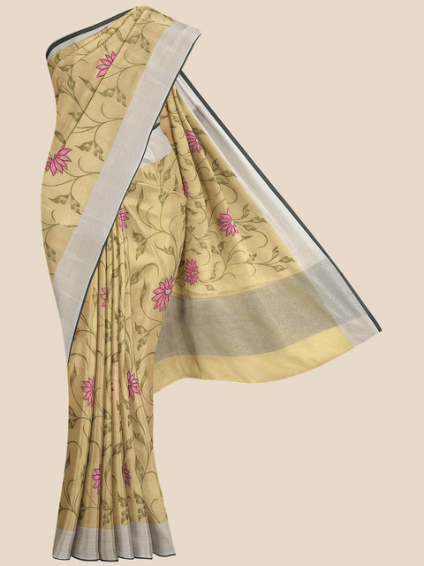 

KLM Fashion Mall Beige & Green Floral Silk Blend Banarasi Saree