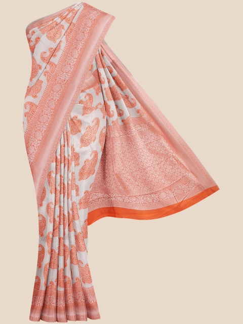 

KLM Fashion Mall Grey & Peach-Coloured Paisley Pure Silk Banarasi Saree