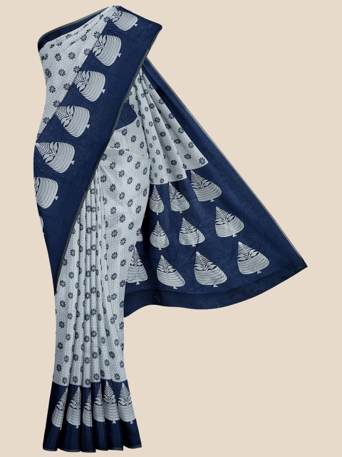 

KLM Fashion Mall Silver-Coloured & Blue Ethnic Motifs Pure Silk Banarasi Saree