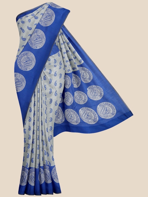 

KLM Fashion Mall Silver-Coloured & Blue Paisley Pure Silk Banarasi Saree