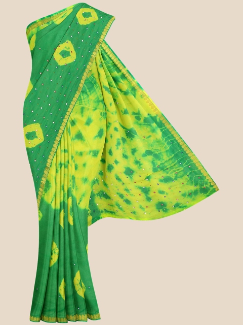 

KLM Fashion Mall Yellow & Green Bandhani Mirror Work Silk Blend Banarasi Saree