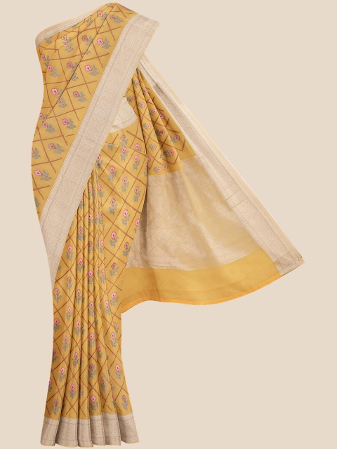

KLM Fashion Mall Yellow & Blue Ethnic Motifs Silk Blend Banarasi Saree