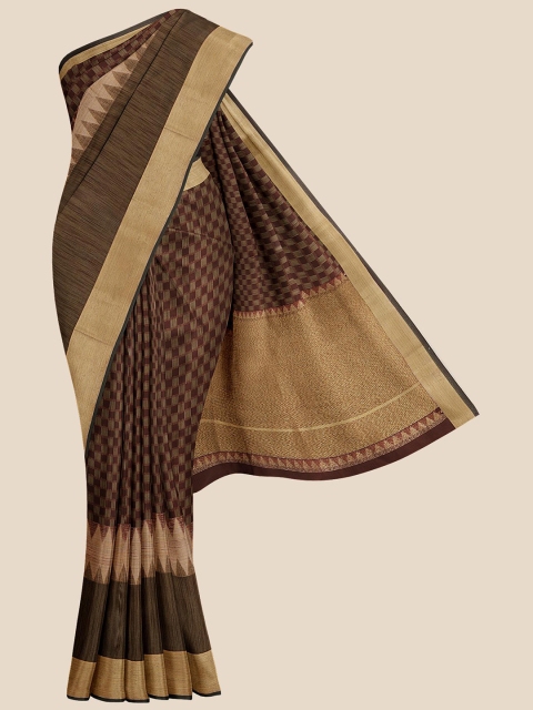 

KLM Fashion Mall Burgundy & Brown Checked Silk Blend Banarasi Saree