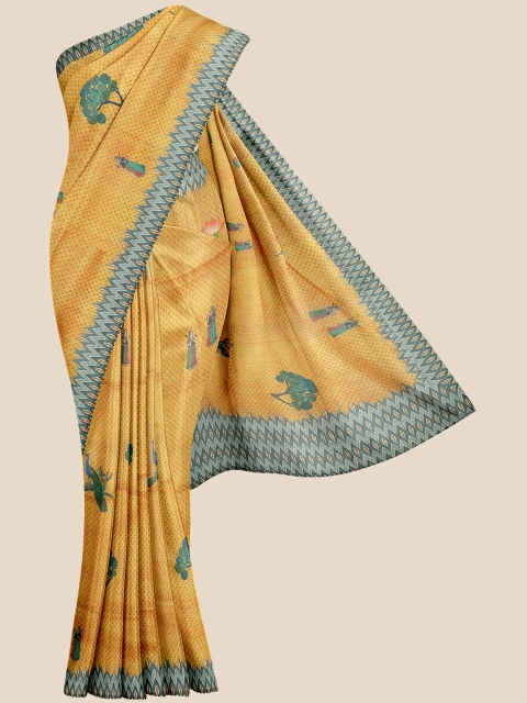 

KLM Fashion Mall Mustard Orange & Green Ethnic Motifs Banarasi Saree