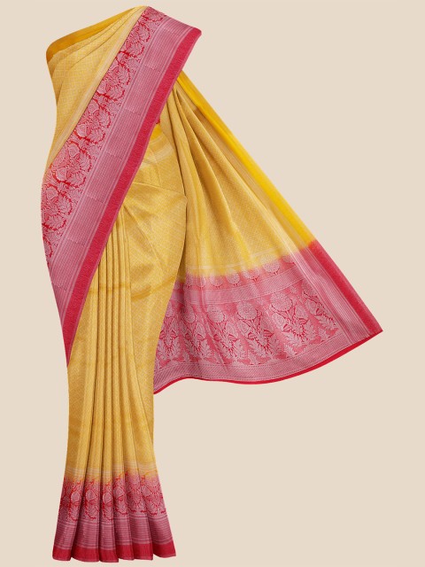 

KLM Fashion Mall Yellow & Red Checked Pure Silk Banarasi Saree