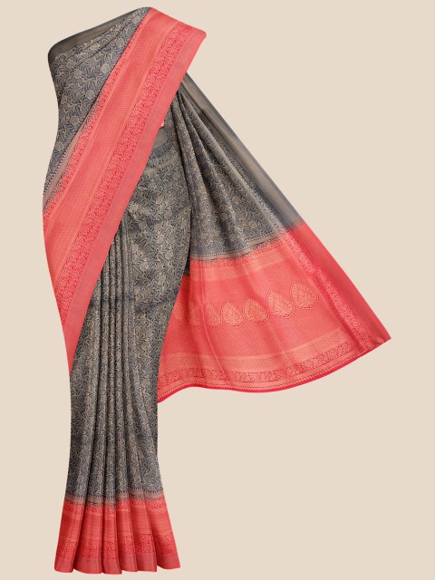 

KLM Fashion Mall Blue & Red Floral Silk Blend Banarasi Saree
