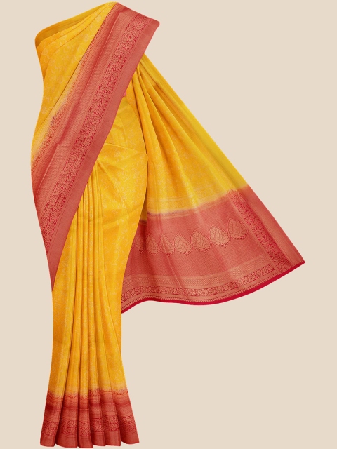 

KLM Fashion Mall Yellow & Red Floral Silk Blend Banarasi Saree