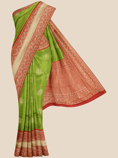 

KLM Fashion Mall Green & Red Ethnic Motifs Silk Blend Banarasi Saree
