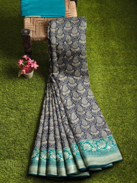 

KLM Fashion Mall Blue & Green Paisley Silk Blend Banarasi Saree