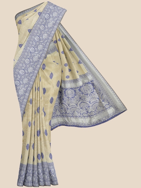 

KLM Fashion Mall Gold-Coloured & Blue Ethnic Motifs Pure Silk Banarasi Saree