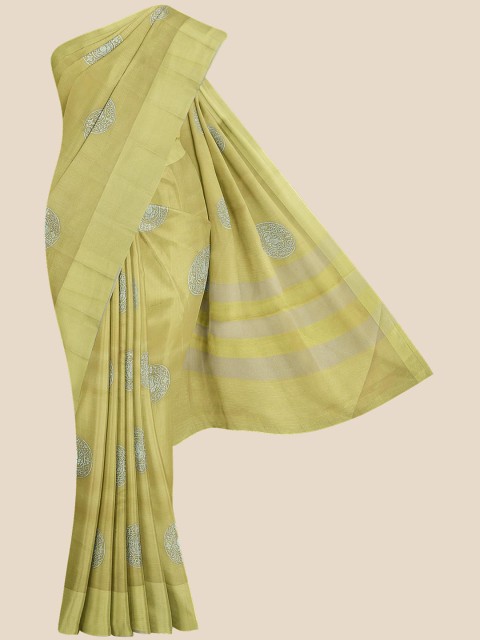 

KLM Fashion Mall Gold-Coloured & White Ethnic Motifs Embroidered Silk Blend Banarasi Saree