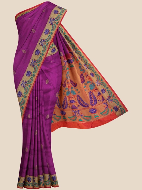 

KLM Fashion Mall Purple & Red Ethnic Motifs Zari Silk Blend Banarasi Saree