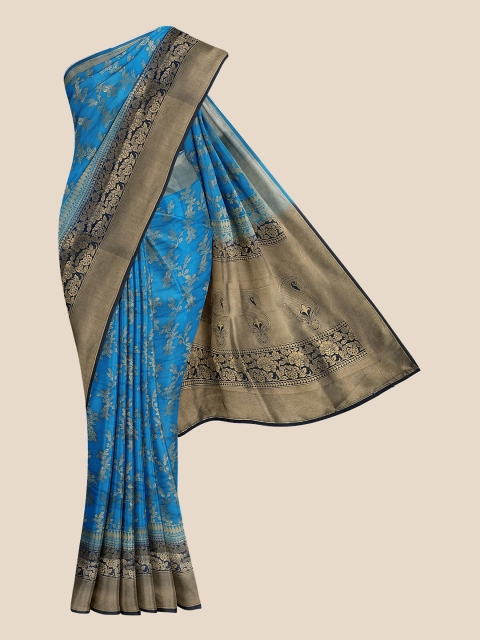 

KLM Fashion Mall Blue & Gold-Coloured Floral Silk Blend Banarasi Saree