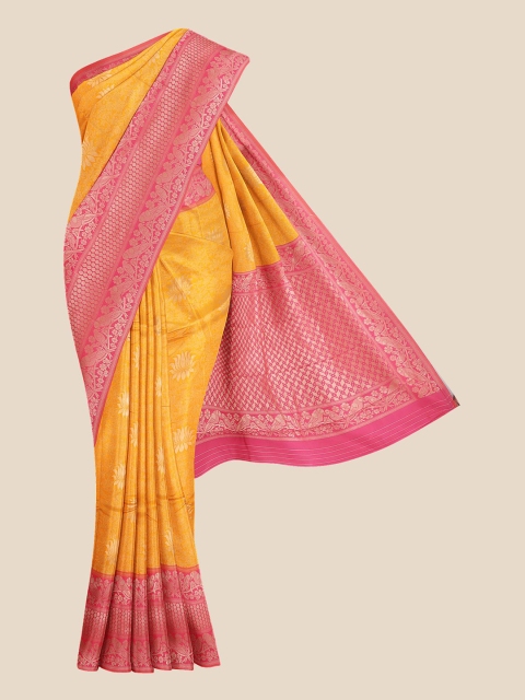 

KLM Fashion Mall Yellow & Pink Floral Silk Blend Banarasi Saree