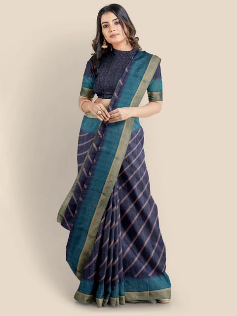 

KLM Fashion Mall Blue & Gold-Coloured Striped Silk Blend Saree