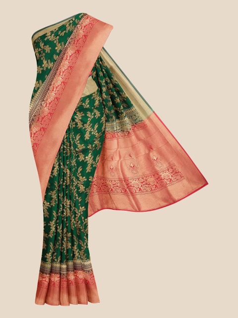 

KLM Fashion Mall Green & Red Floral Silk Blend Banarasi Saree