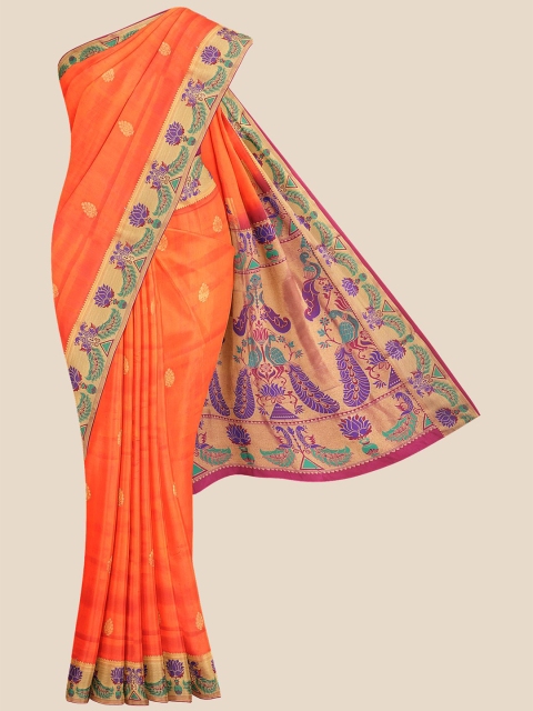 

KLM Fashion Mall Orange & Magenta Ethnic Motifs Zari Silk Blend Banarasi Saree