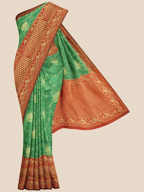 

KLM Fashion Mall Green & Red Floral Silk Blend Heavy Work Banarasi Saree