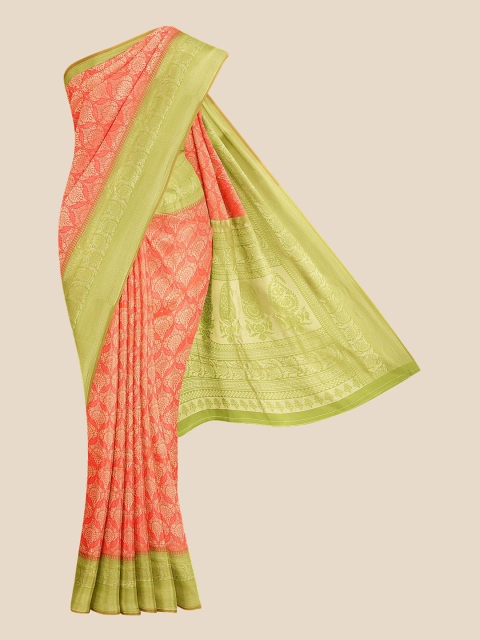 

KLM Fashion Mall Coral Pink & Lime Green Floral Zari Silk Blend Banarasi Saree