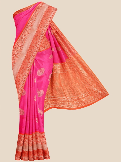 

KLM Fashion Mall Pink & Orange Ethnic Motifs Zari Silk Blend Banarasi Saree